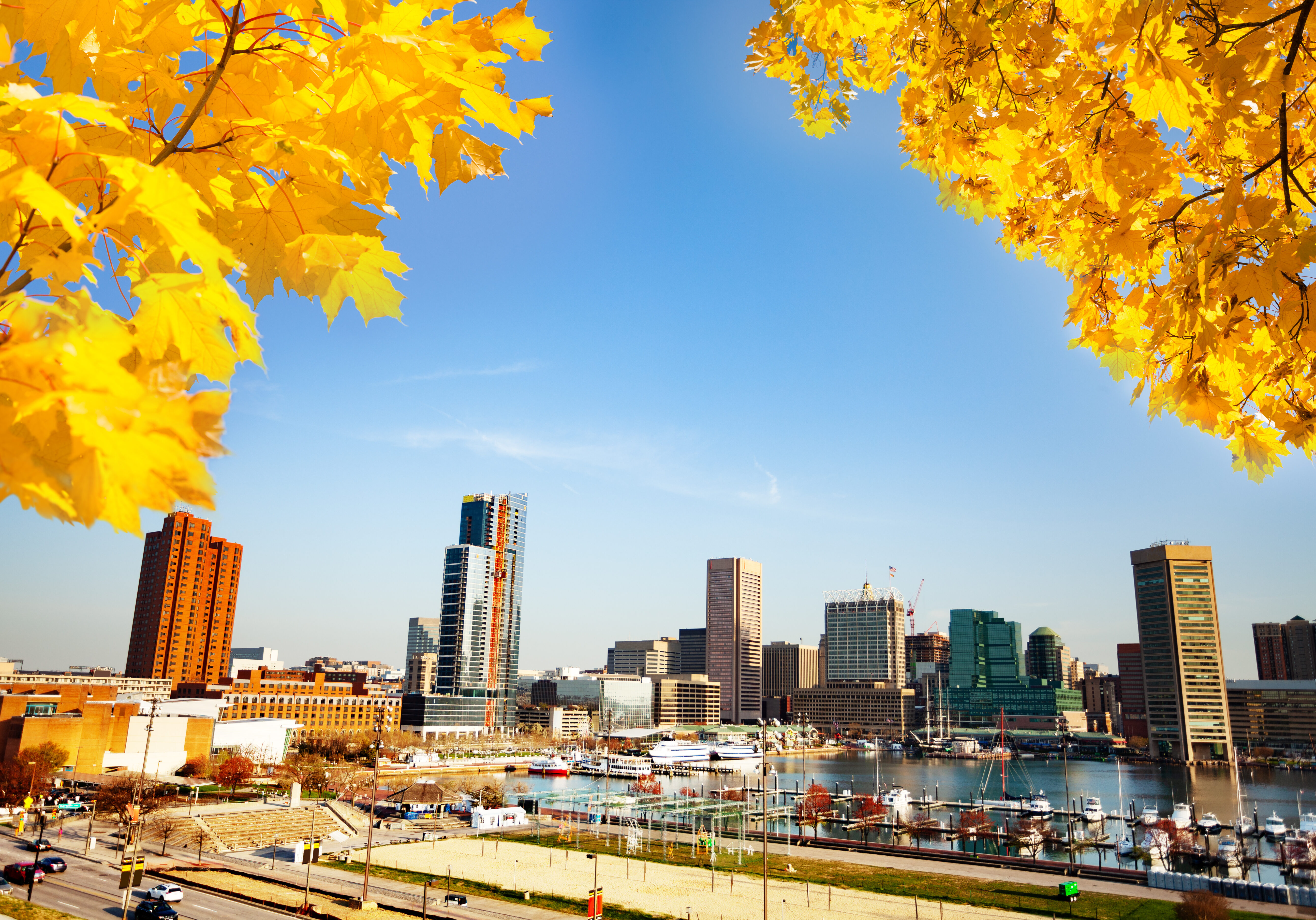 Panoramic view of Baltimore Inner Harbor in autumn, Maryland, USA